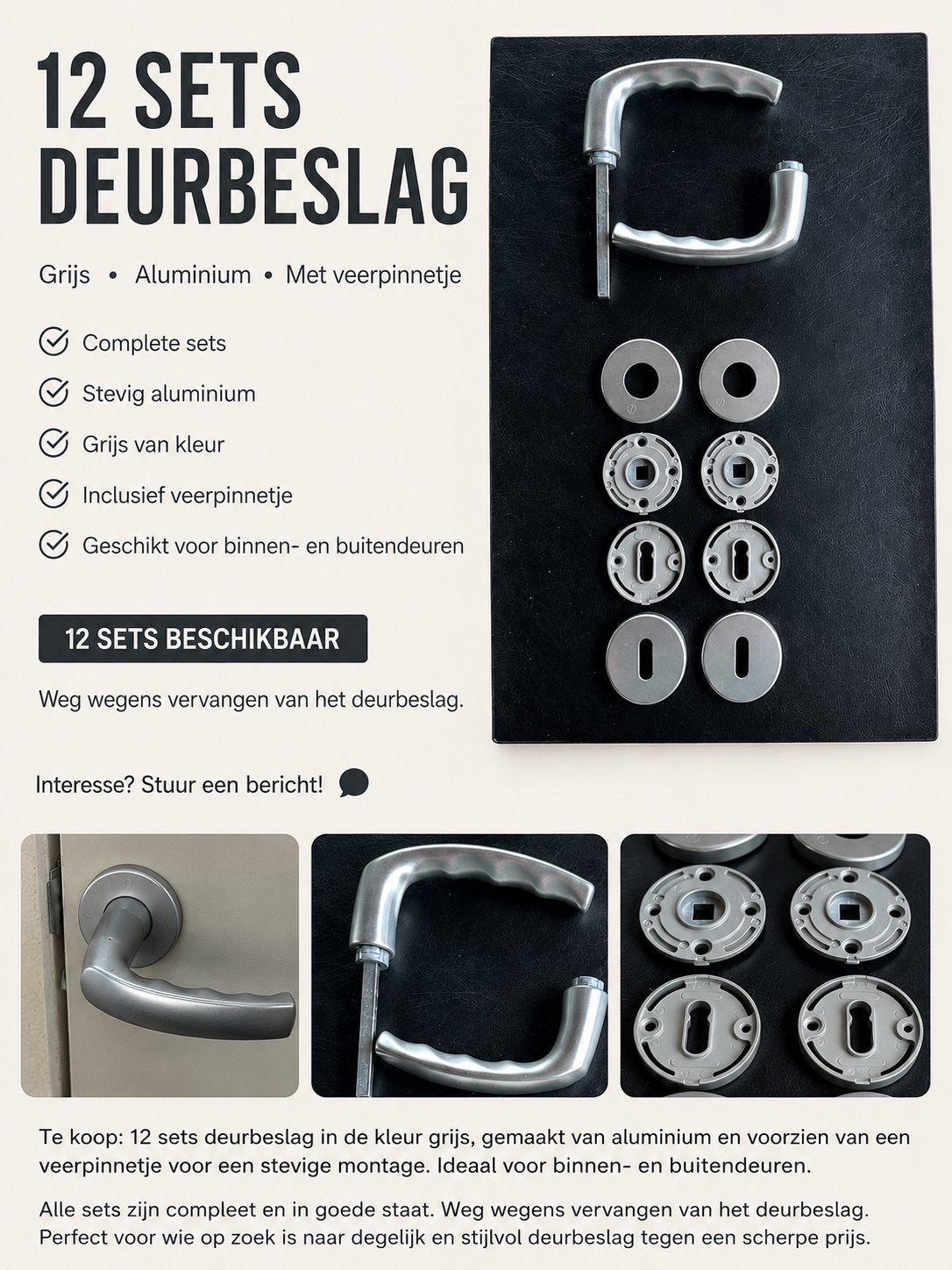 12 sets aluminium deurbeslag – compleet – grijs, Informatique & Logiciels, Enceintes Pc, Comme neuf, Enlèvement