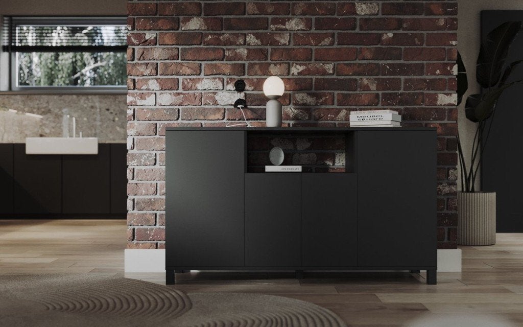 Dressoir CORSO 140 cm – mat zwart – zeer goede staat, Ophalen, 100 tot 150 cm, Met lade(s), Zo goed als nieuw
