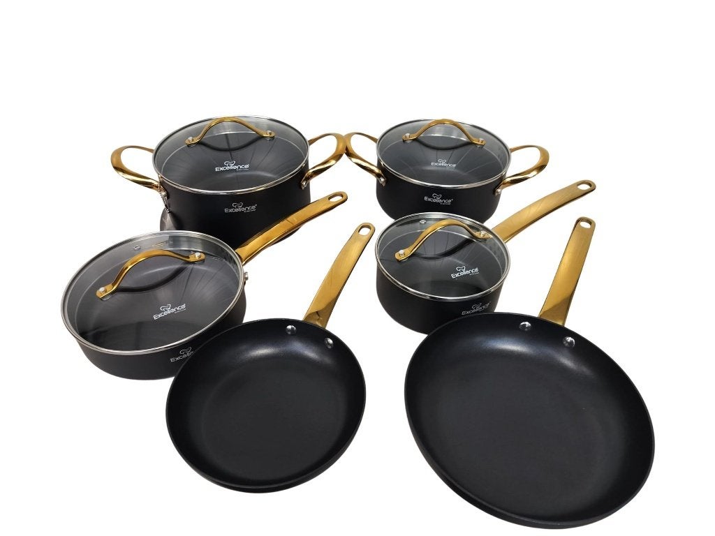 Excellence Luxe Pannenset -10 delig  Zwart - Inductie.Nieuw!, Huis en Inrichting, Antiaanbaklaag, Pannenset, Ophalen of Verzenden