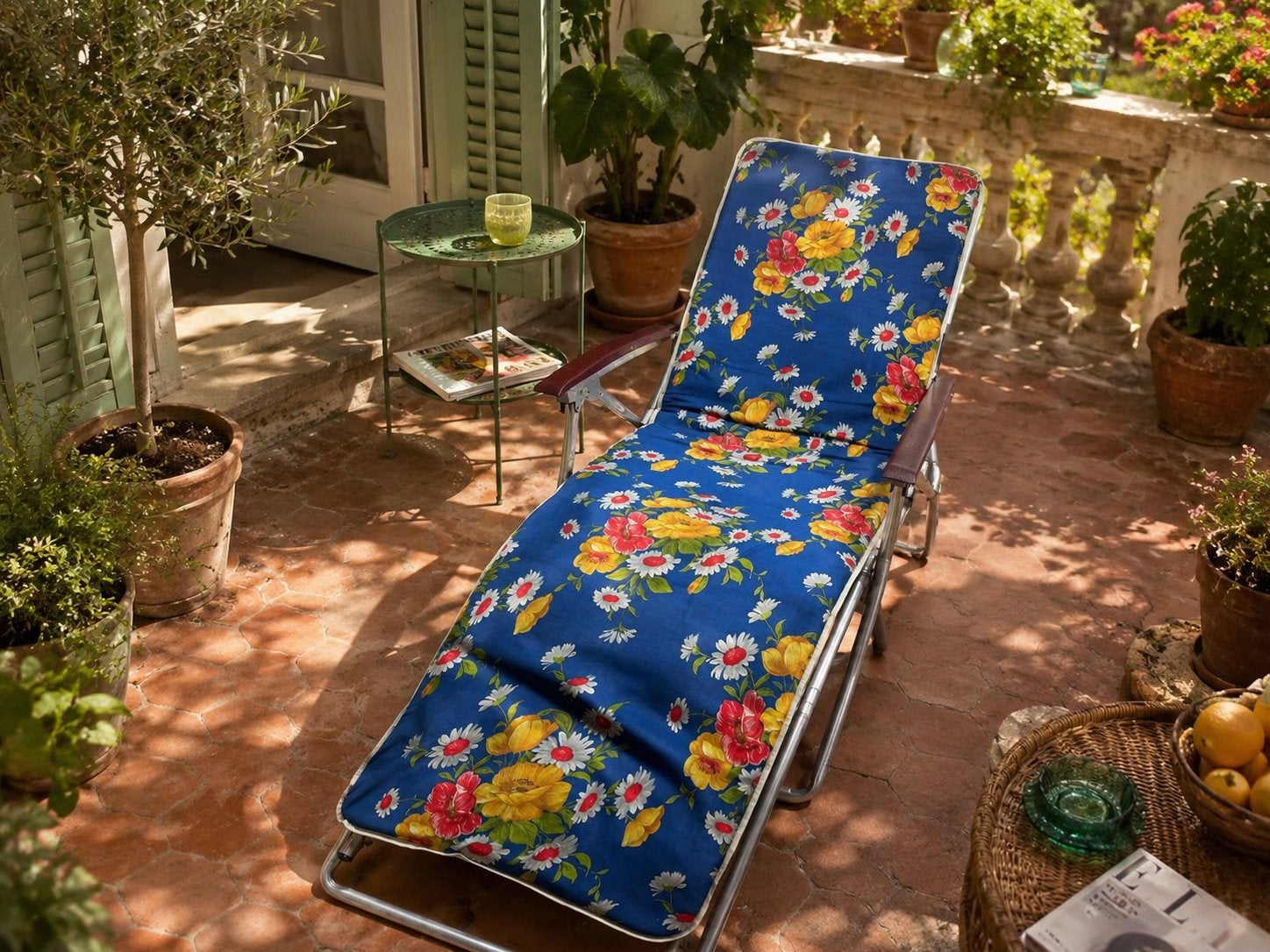 Transat de 1970 – état remarquable – tissu fleuri d’origine, Tuin en Terras, Ophalen, Zo goed als nieuw, Aluminium, Inklapbaar