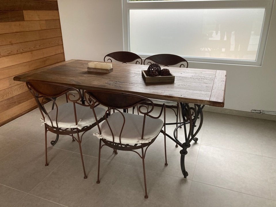 Salontafel , massief hout, met 4 stoelen, Ophalen, Gebruikt, 50 tot 100 cm, Landelijk, rustiek