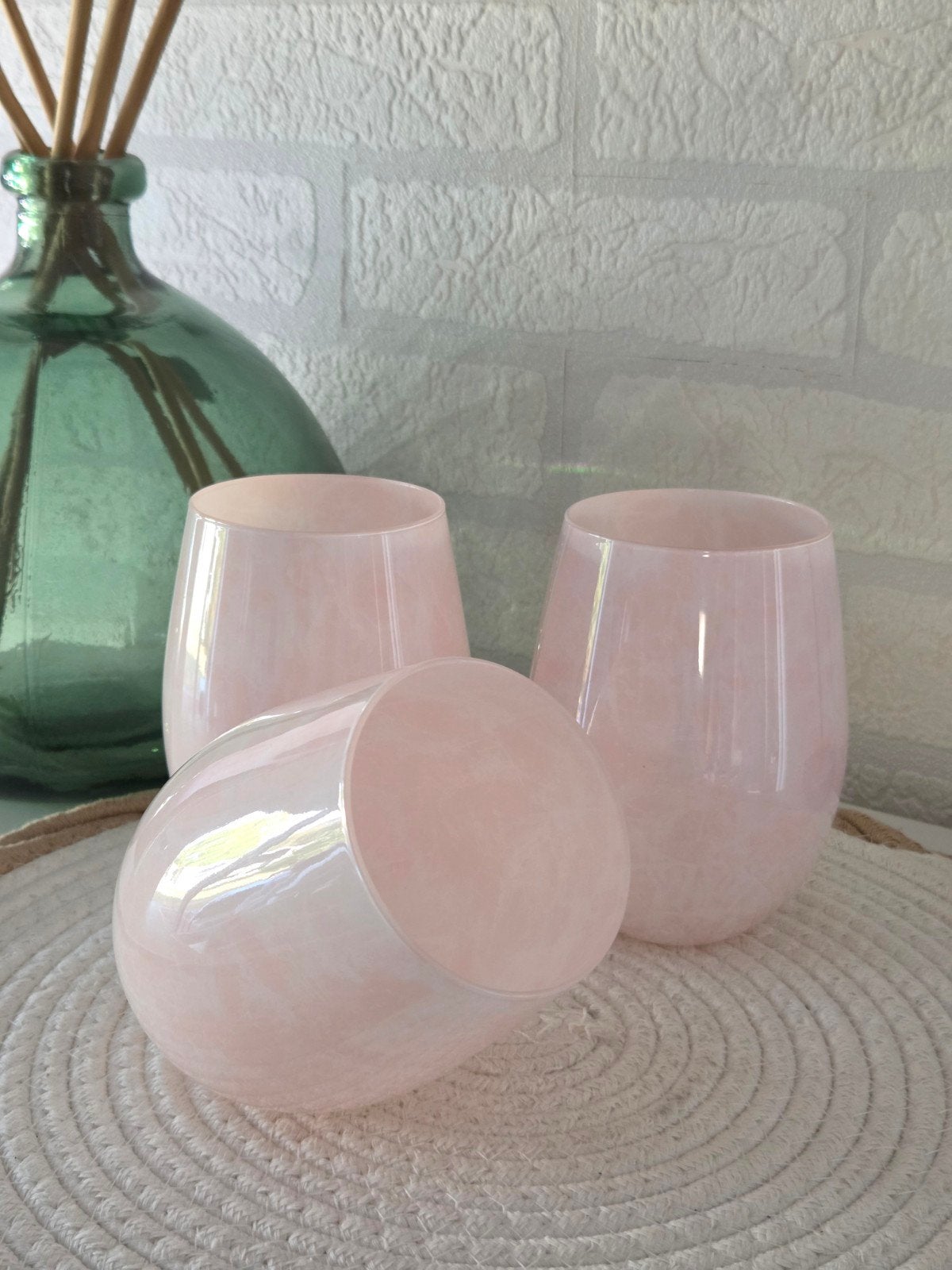 Lot de 6 verres photophores rose nacré marbré, Neuf, 12 cm, Rose, Verre