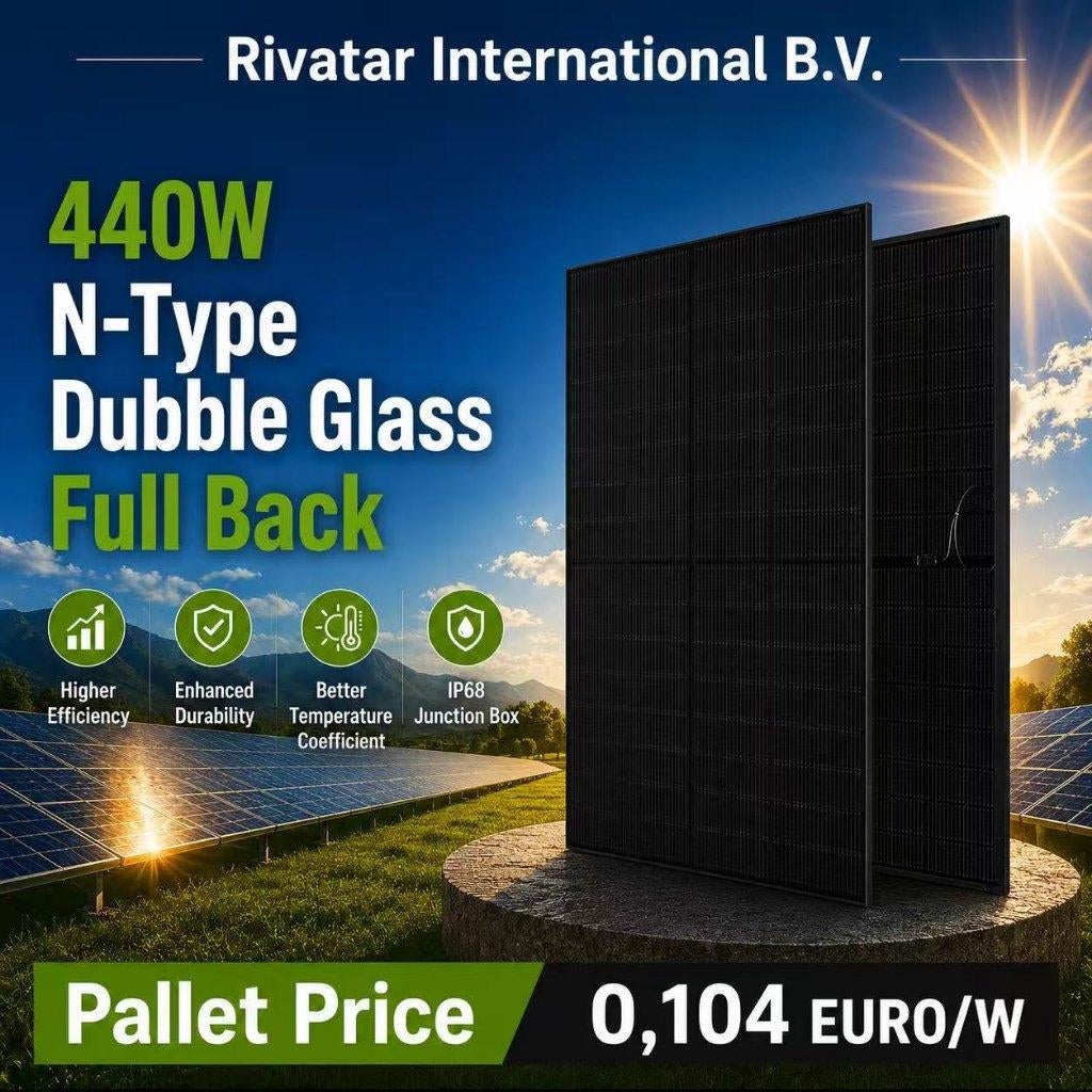 Zonnepanelen 440w N-Type Full Back - Double Glass, Doe-het-zelf en Bouw, Zonnepanelen en Toebehoren, Nieuw, Paneel, 200 wattpiek of meer