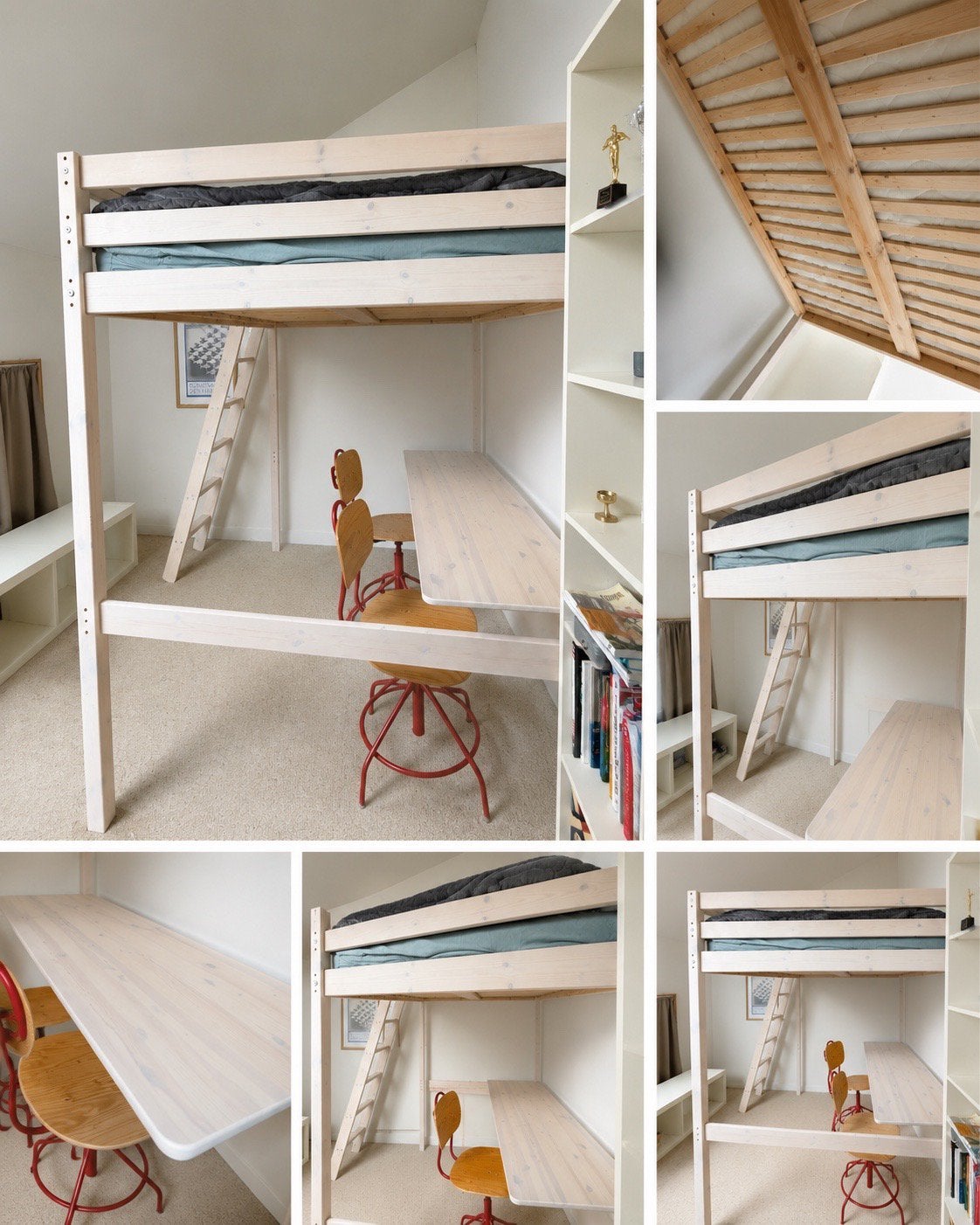 Massief houten hoogslaper GEDEON140  190 cm+ bureau+matras, Ophalen, Hoogslaper, Zo goed als nieuw, Twijfelaar