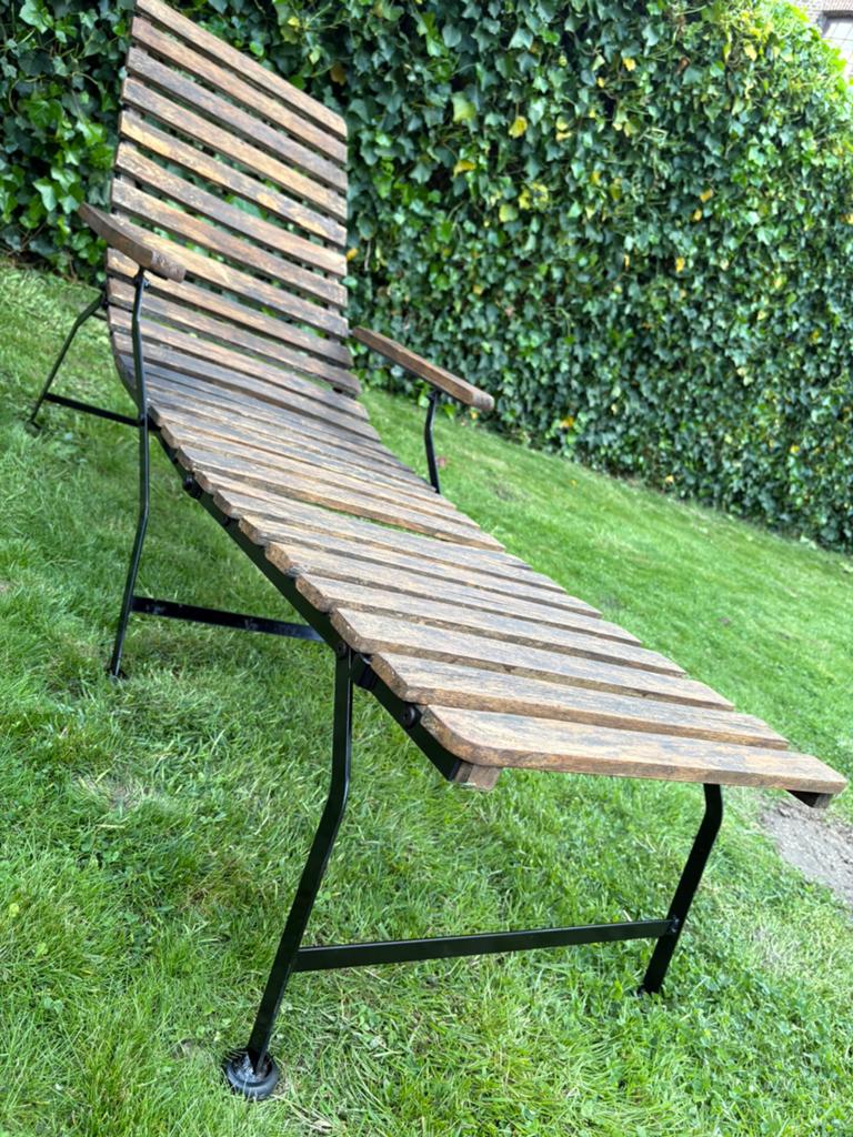 ligstoel hout & metaal – vintage look, Tuin en Terras, Ligbedden, Gebruikt, Hout, Verstelbaar, Ophalen