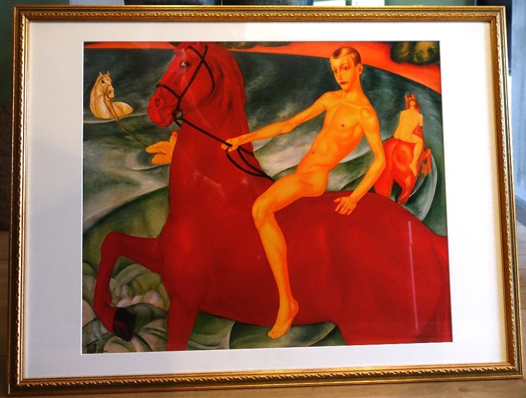 Het baden van het rode paard, Antiek en Kunst, Ophalen, Ingelijst, Figuren