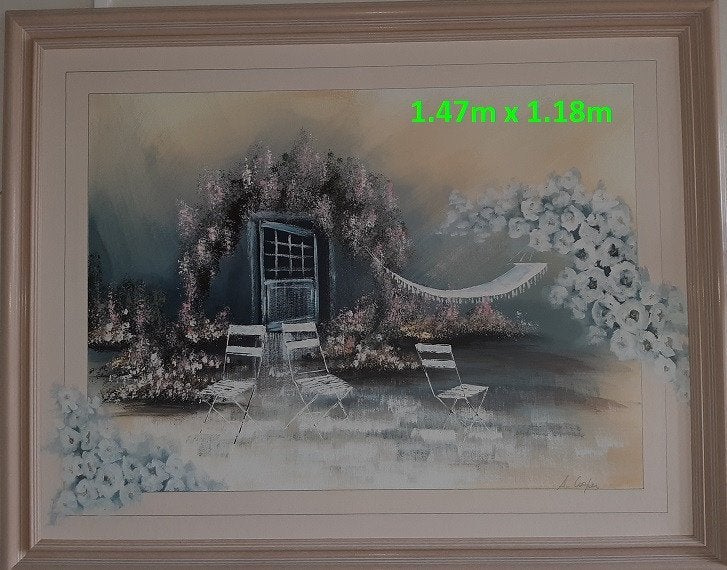 mooi groot schilderij: Tuinrust, Antiquités & Art, Art | Peinture | Classique, Autres sujets, Enlèvement, Encadré, Toile