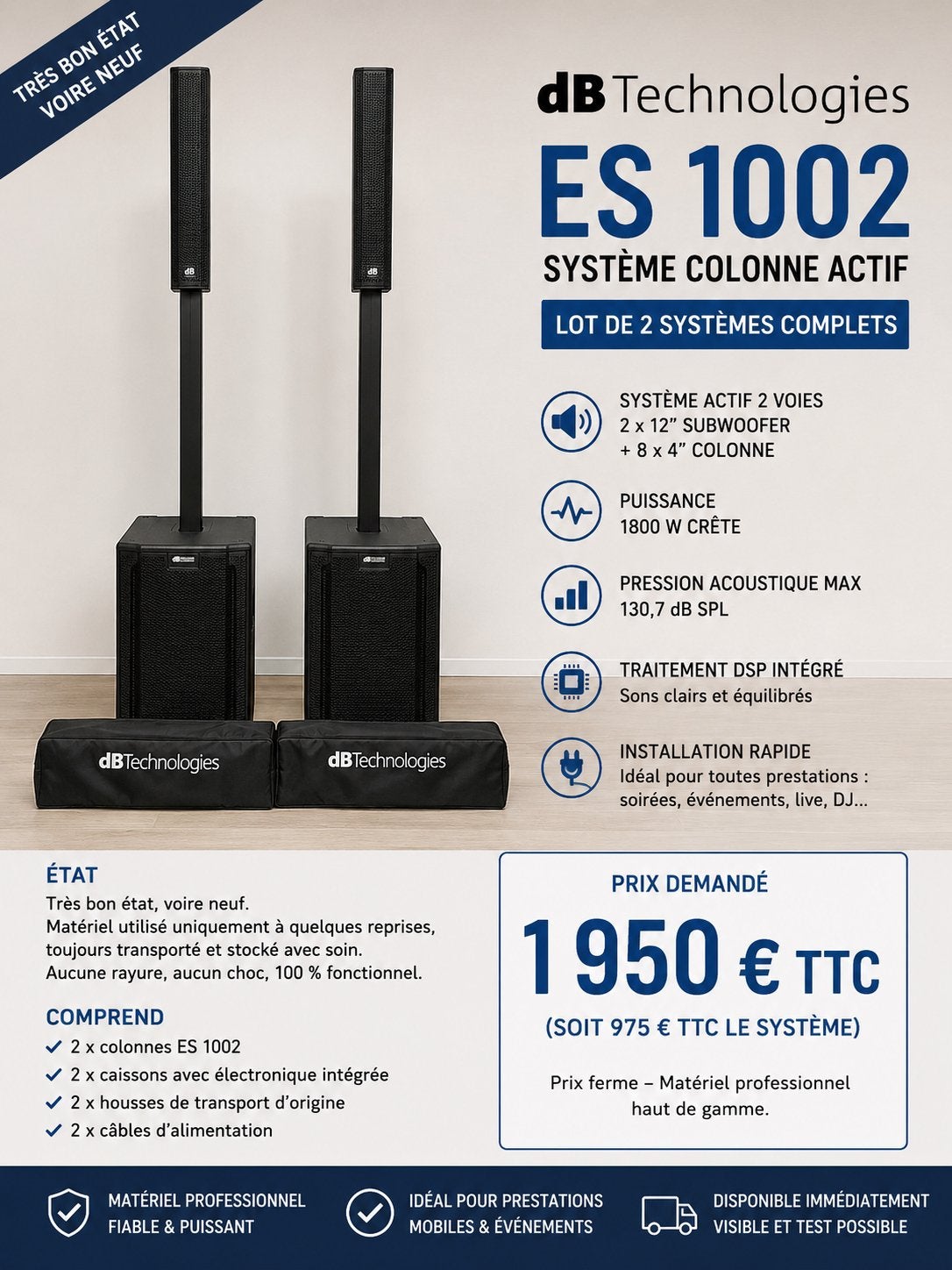2 Kits Actifs dB Technologies ES 1002 + Housses, Enlèvement, Comme neuf