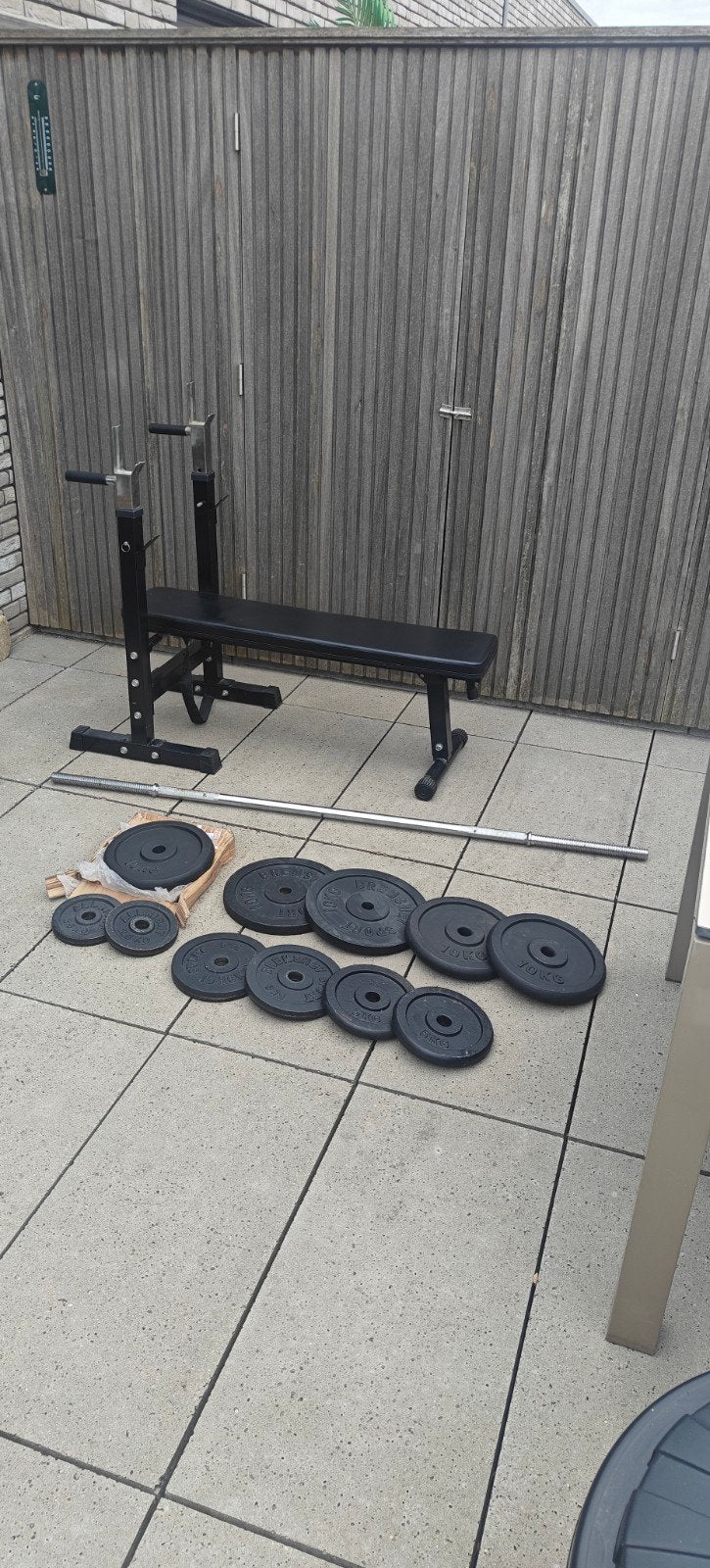 Complete Halterbank Set, 75 kg gewicht en Halterstang 30mm, Sport en Fitness, Fitnessmaterialen, Ophalen, Gebruikt, Rug, Fitnessbank