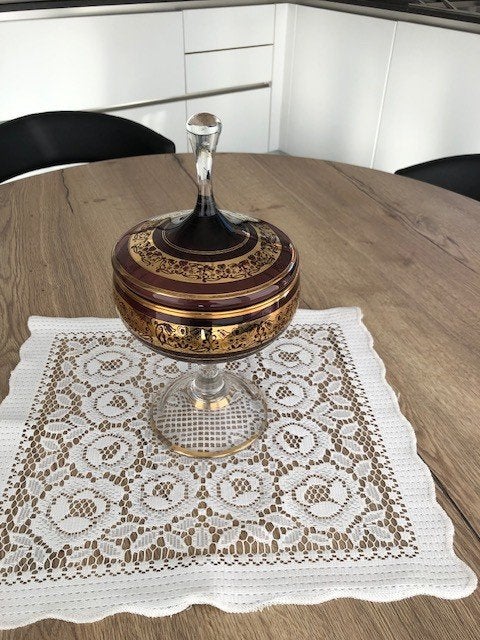 Vintage glazen pot met deksel ( bordeaux - wijnkleurig ), Antiek en Kunst, Ophalen of Verzenden