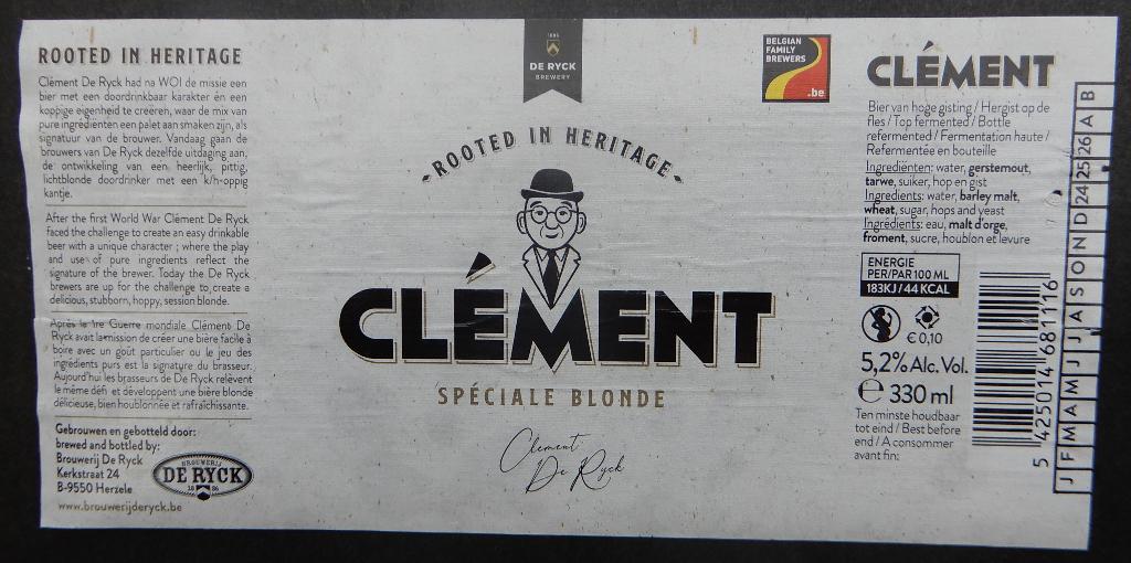 Étiquette de bière Clément Brasserie De Ryck (10b6), Envoi, Utilisé