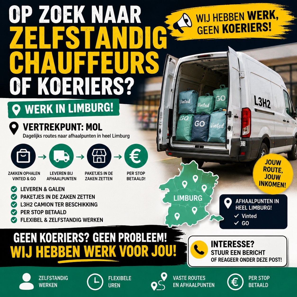GEZOCHT:ZELFSTANDIGE CHAUFFEURS/ KOERIERS (LIMBURG) 7€/stop, Premier Emploi, Contrat temporaire