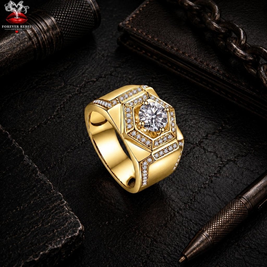 Rocco Imperium Goud Moissanite Ring 925 Zilver Diverse Maten, Neuf, Or, Avec pierre précieuse, Homme
