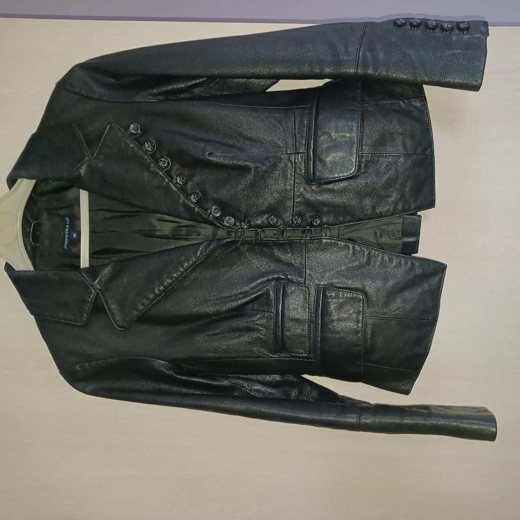 Donker blauw/ grijze lederen jas maat 36, Enlèvement, Neuf, Taille 36 (S), Bleu