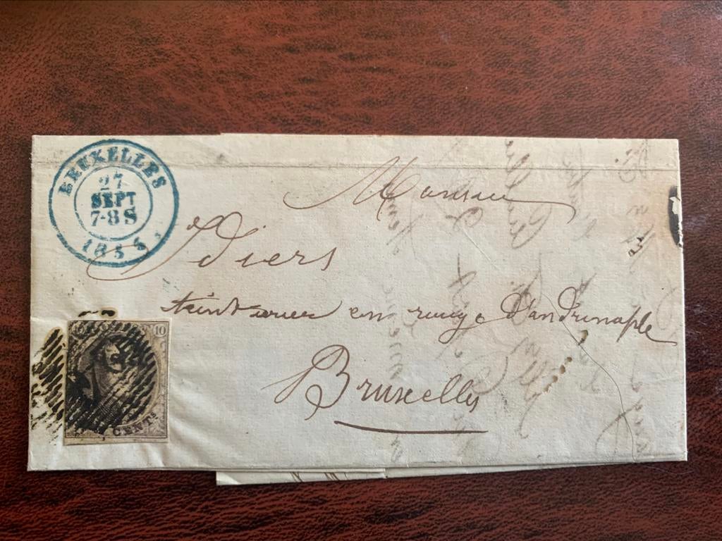 Zeer mooie Belgische postzegel op brief 1855, Met stempel, Koninklijk huis, Frankeerzegel, Ophalen of Verzenden