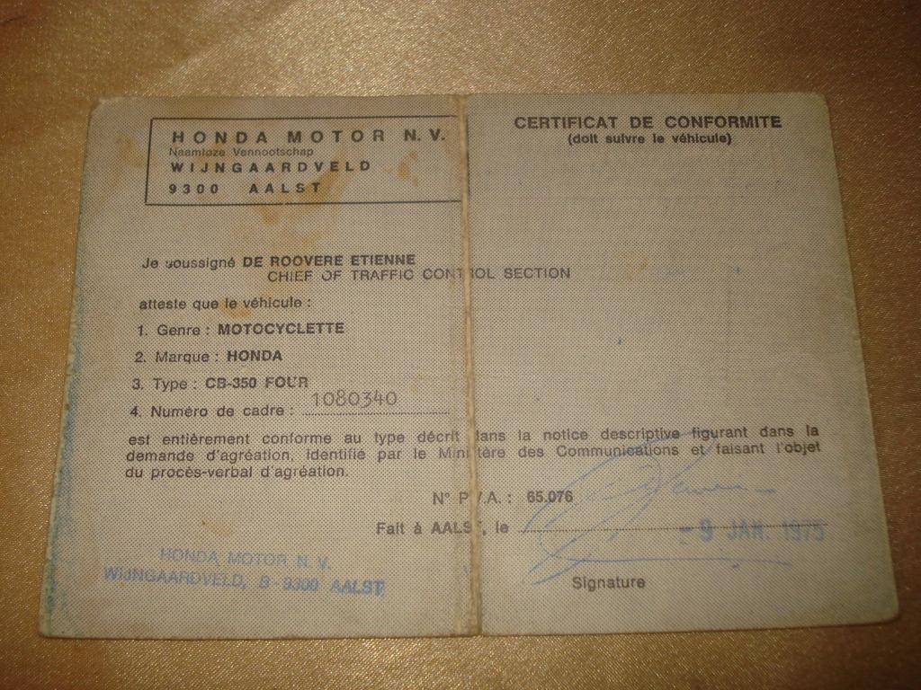 Ancien Certificat Conformité Moto Honda CB-350 FOUR 1975, Motoren, Ophalen of Verzenden, Honda