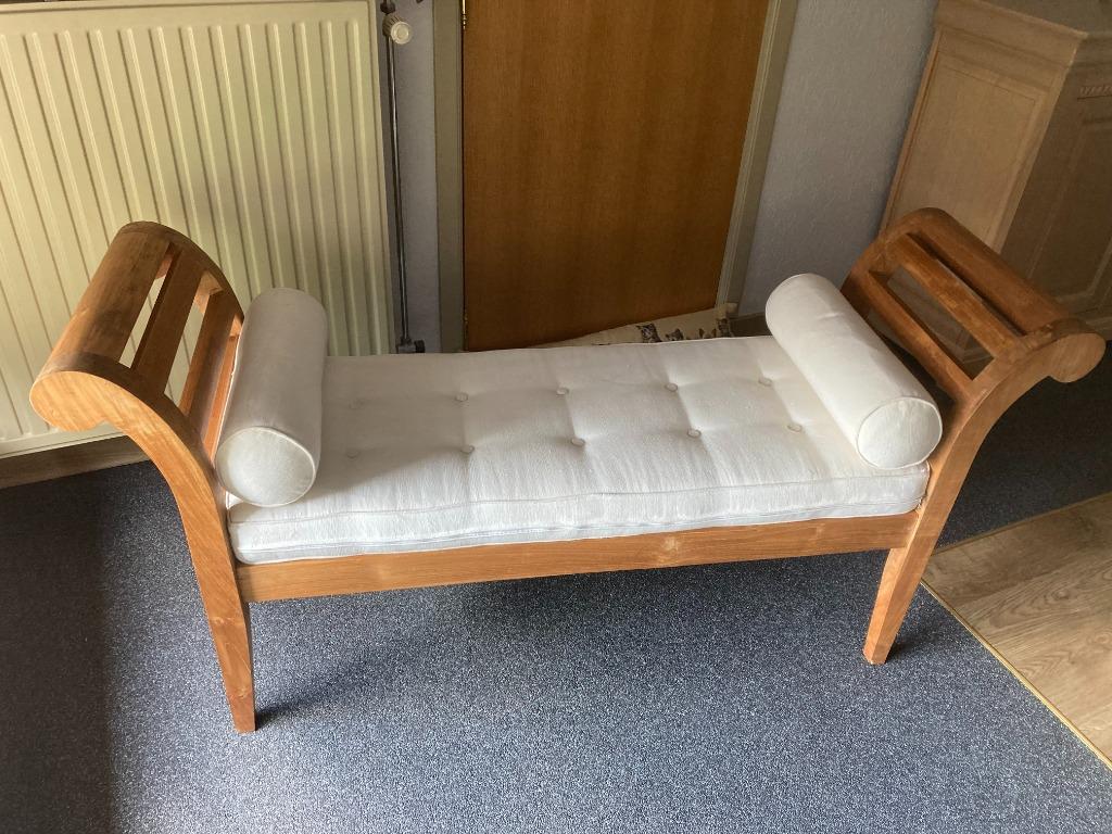 Mooi Teak houten zitbankje met kussens, Antiek en Kunst, Ophalen