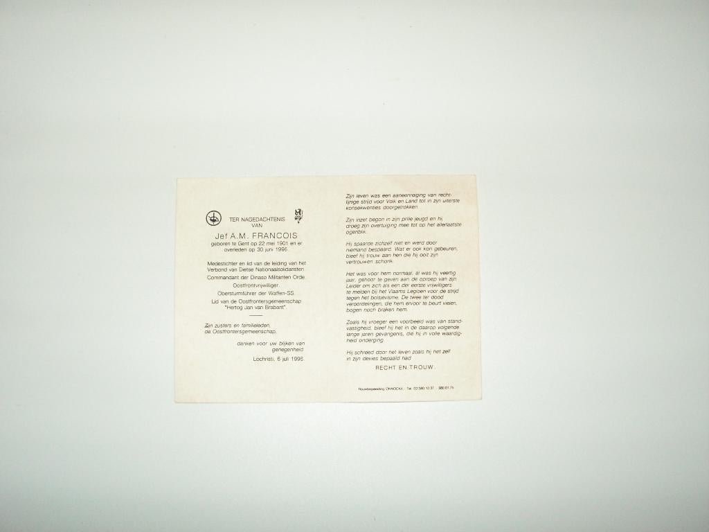 Carte de décès Jef AM Francois (officier Belge Dtsl), Collections, Enlèvement ou Envoi