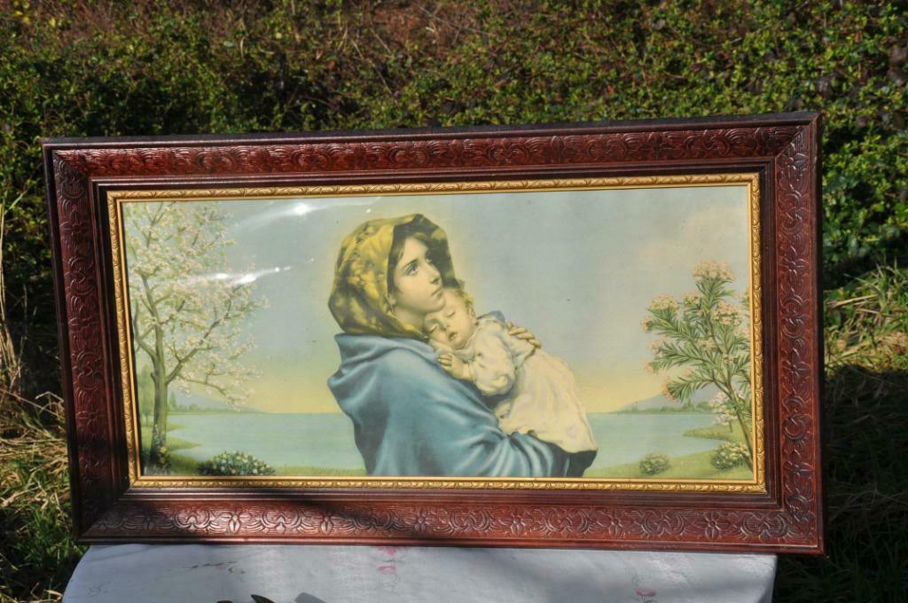cadre sculpté rectangulaire chromo vintage vierge a l'enfant, Enlèvement ou Envoi