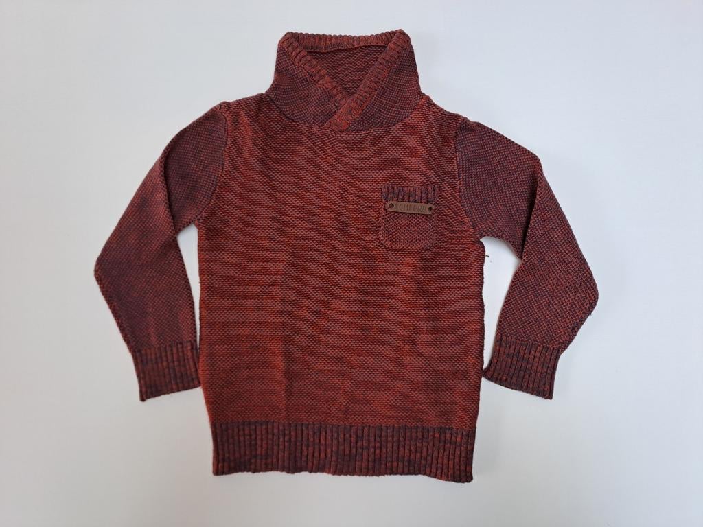 Mt 92 Rood, donkerblauw gebreide trui met kraag en zakje, Kinderen en Baby's, Kinderkleding | Maat 92, Trui of Vest, Ophalen of Verzenden