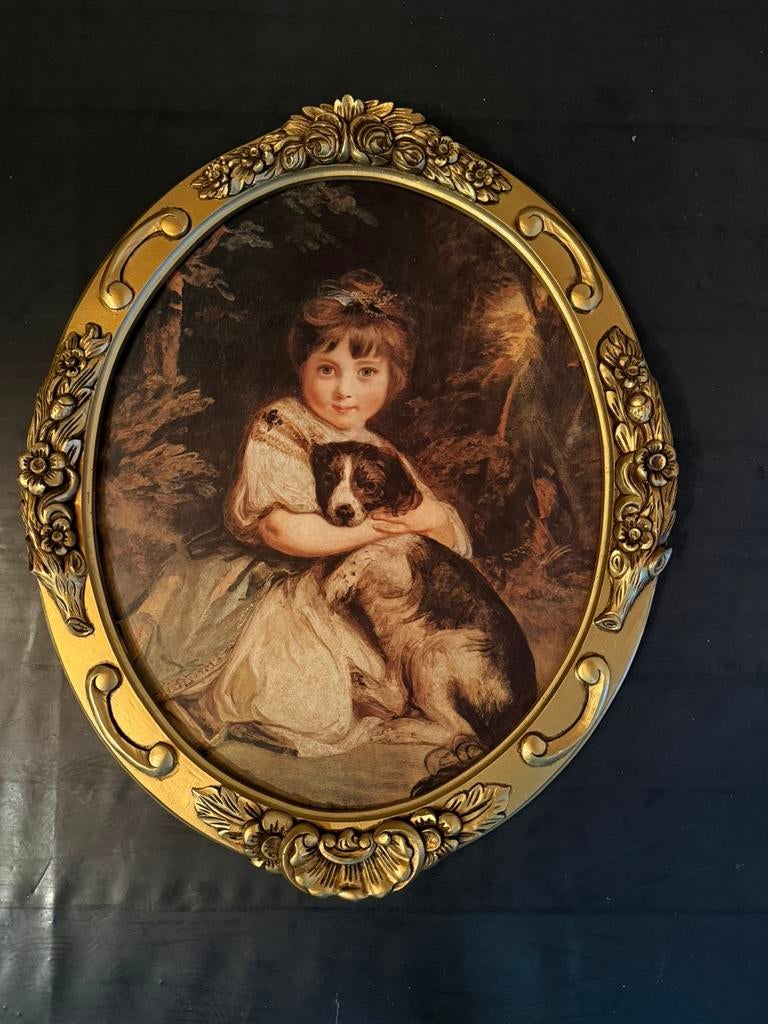 Schilderij meisje met hond in gouden lijst, Verzenden