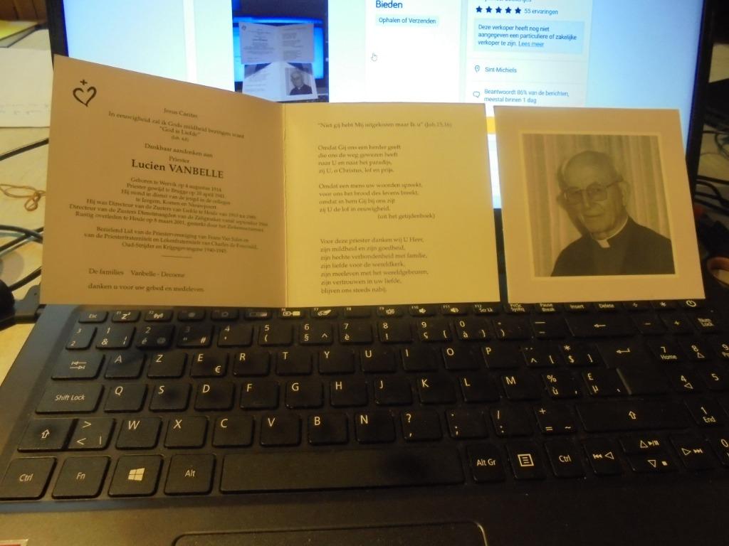 dp Lucien Vanbelle, Verzamelen, Bidprentjes en Rouwkaarten, Ophalen of Verzenden, Bidprentje