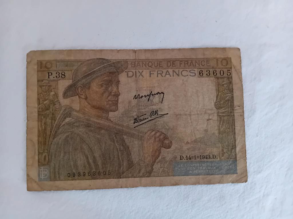 Bankbiljet, Frankrijk, 10 Francs 1943, Postzegels en Munten, Ophalen of Verzenden, Frankrijk, Los biljet