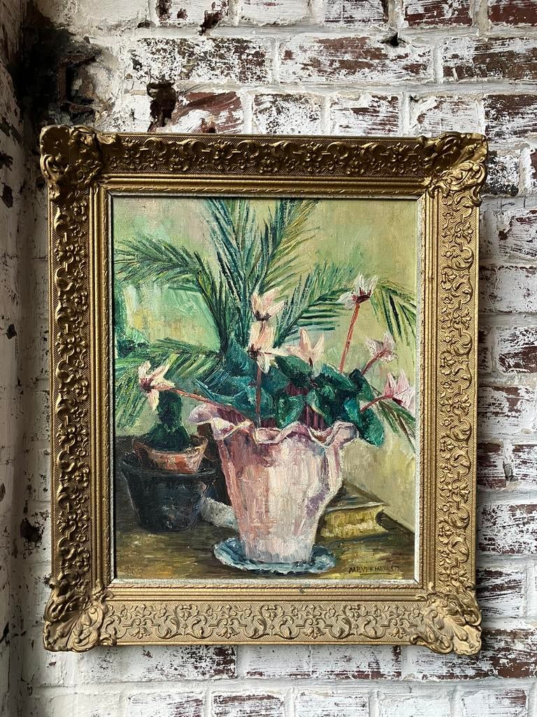 Peinture stilleven met cyclamen en palm M. P. Vermeulen, Antiek en Kunst, Kunst | Schilderijen | Klassiek, Ophalen