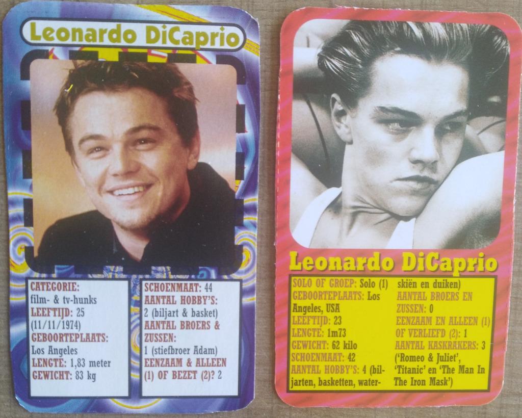 2 verzamelkaarten: Leonardo Dicaprio (jaren '90), Ophalen of Verzenden, Zo goed als nieuw, Foto of Kaart