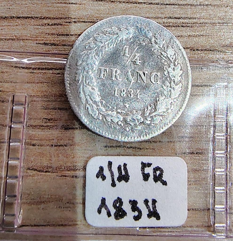 ¼ franc - Léopold Ier tête laurée 1834, Enlèvement ou Envoi, Monnaie en vrac, Argent