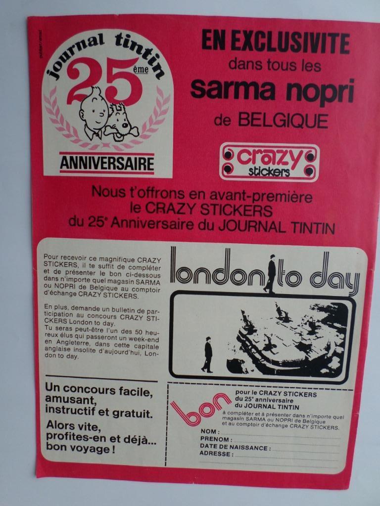 Tintin - publicité papier crazy stickers Sarma Nopri - 1971, Enlèvement ou Envoi, Tintin, Utilisé, Autres types