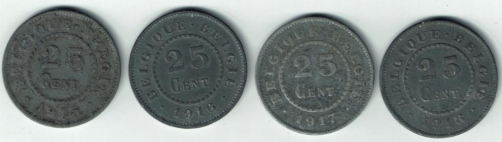 25 centimes Belgique 1915 + 1916 + 1917 + 1918, Timbres & Monnaies, Envoi, Autre, Série