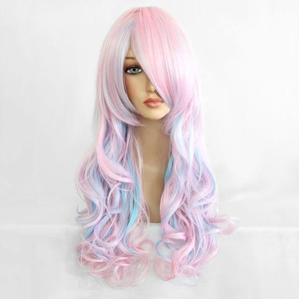 Lolita pruik baby-roze baby-blauw lang haar met krullen, Verzenden, Nieuw