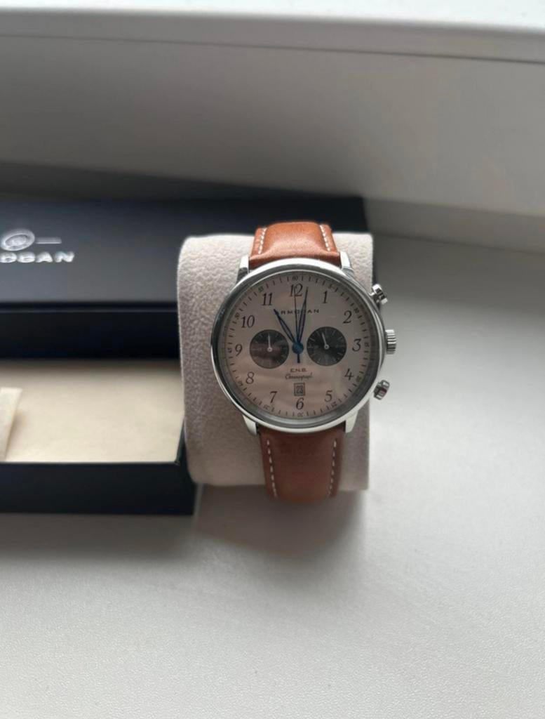Montre Armogan E.N.B Chronograph – Modèle Moon White C90, Enlèvement ou Envoi, Comme neuf, Acier, Cuir