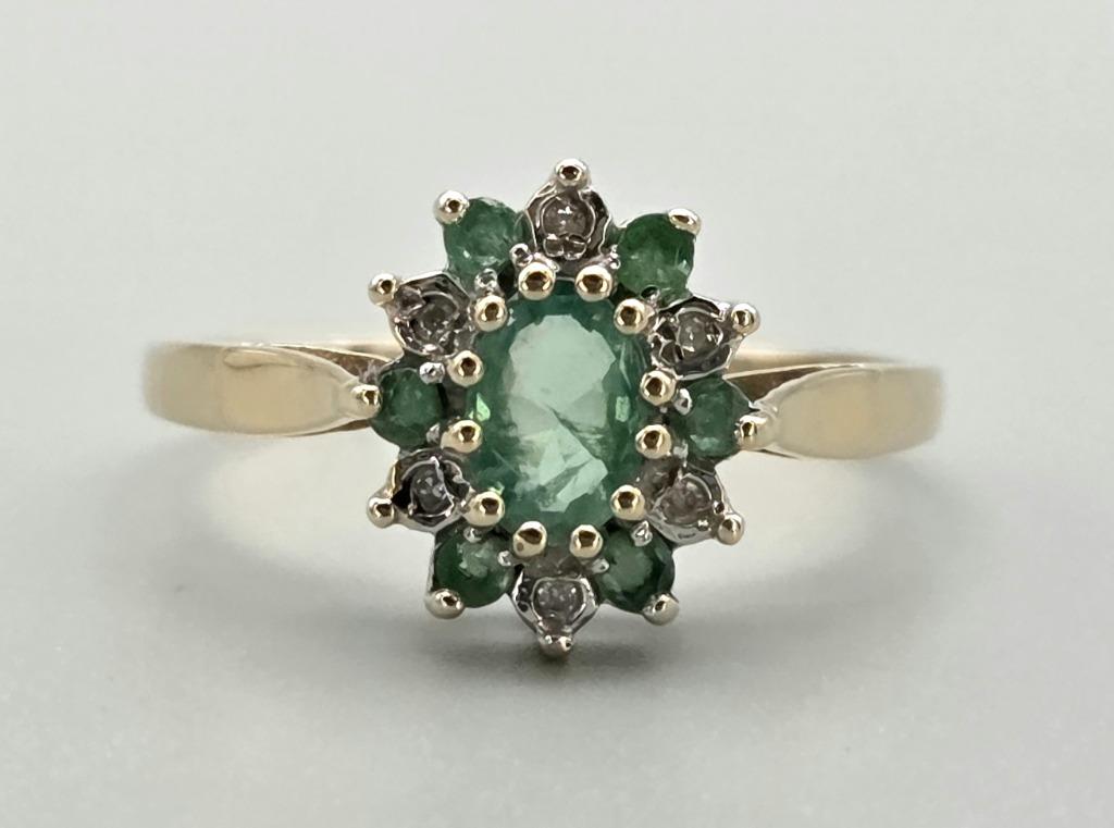 Gouden Vintage ring edelsteen smaragd en diamant. 2025/692., 18 à 19, Comme neuf, Or, Vert