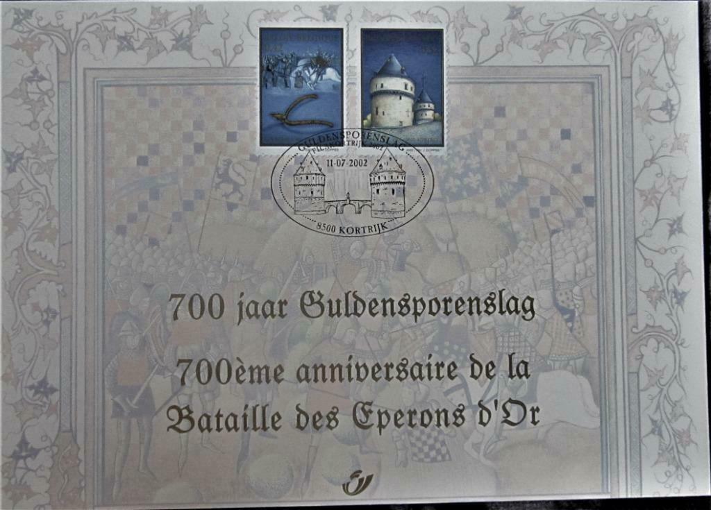 POSTZEGELS OP KAART- BELGIË- 700 JAAR GULDENSPORENSLAG, Postzegels en Munten, Ophalen of Verzenden, Gestempeld, Overige thema's