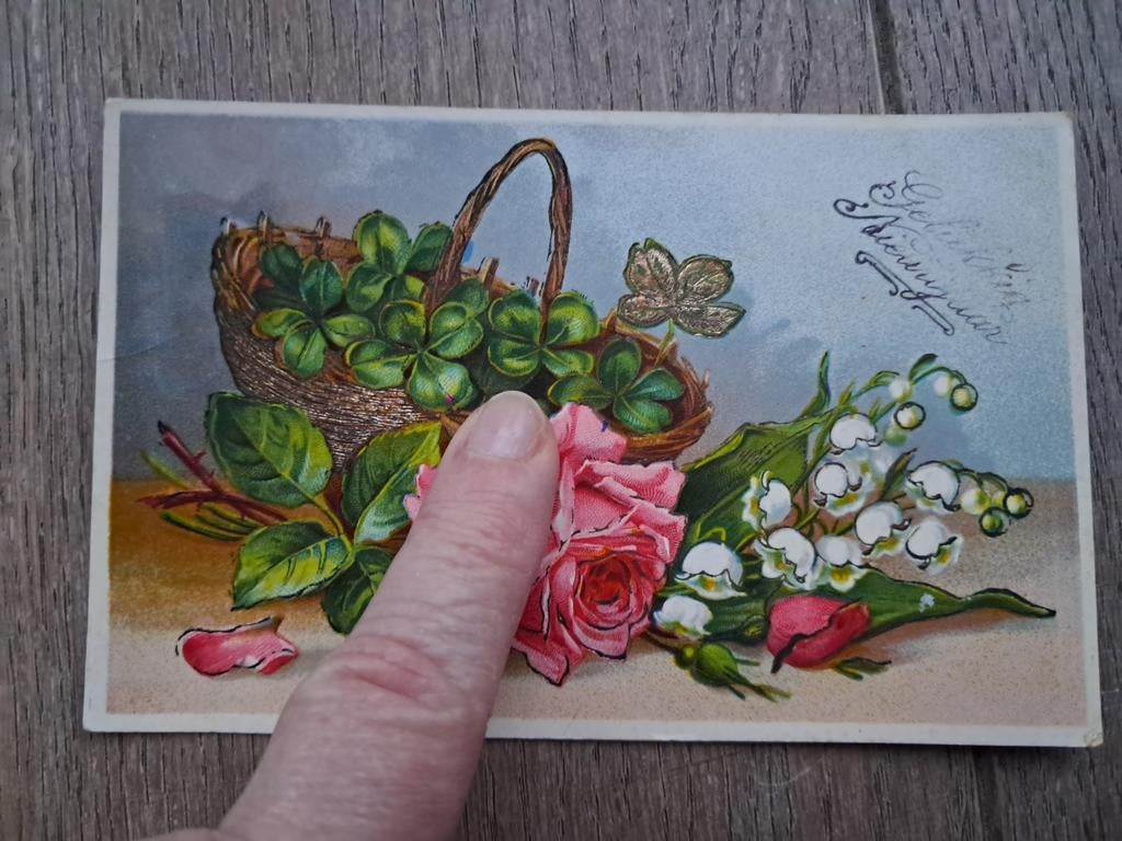 Retro nieuwjaarskaartje met klavertje 4 + roos, Ophalen of Verzenden