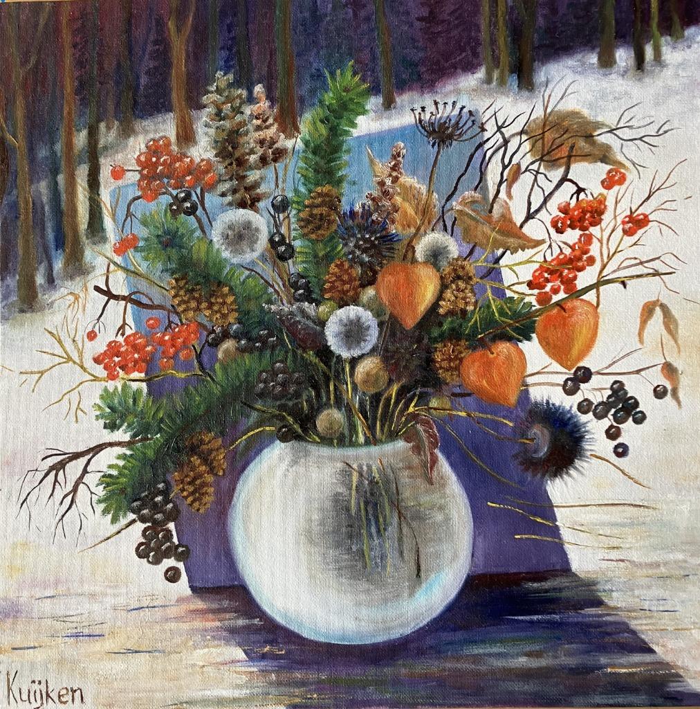 Winter Bouquet (oil painting by Kuijken, 40x40 cm), Ophalen of Verzenden