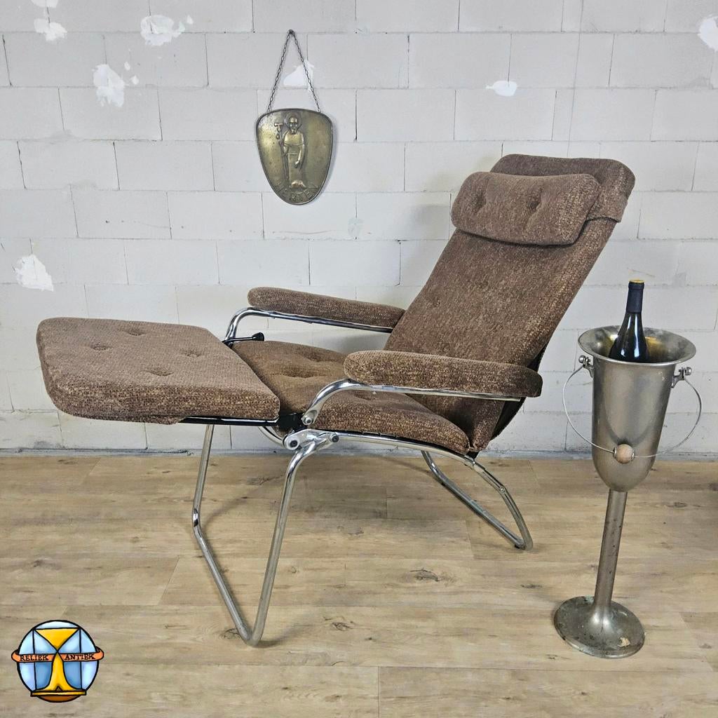 Vintage Verstelbare Relaxfauteuil Chroom /grijs bruin stof, Huis en Inrichting, Fauteuils, 125 tot 150 cm, Vintage / mid century