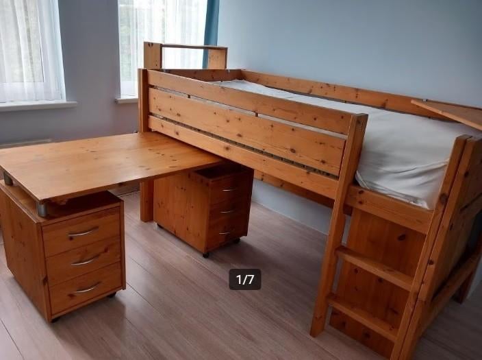 halfhoogslaper met bureau en kastje + attributen - Life Time, Ophalen, 90 cm, Eenpersoons, Minder dan 160 cm