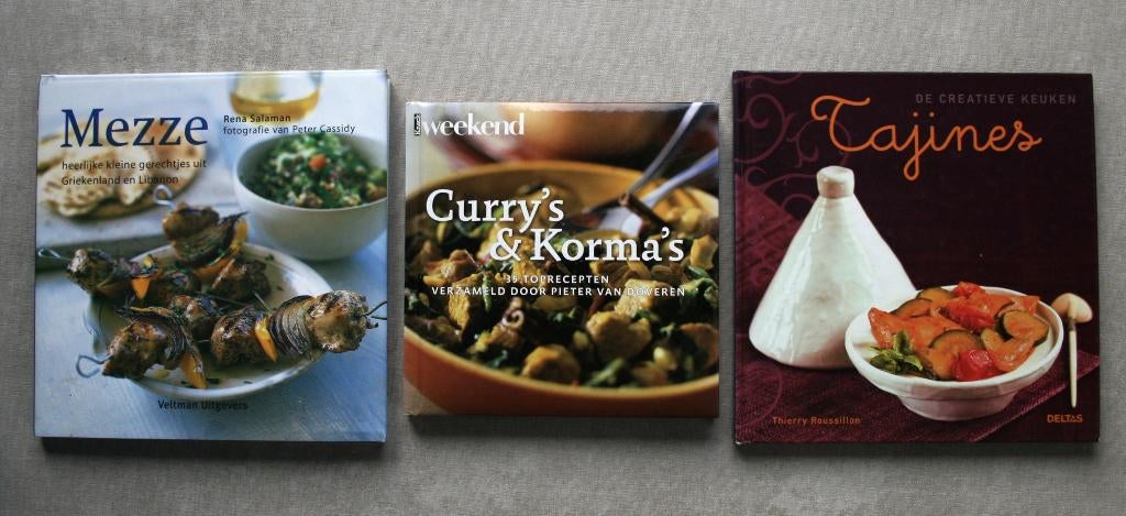 Mezze – Tajines - Curry’s & Korma’s. Set van 3 = €10., Enlèvement ou Envoi, Utilisé, Diverse Auteurs, Italie