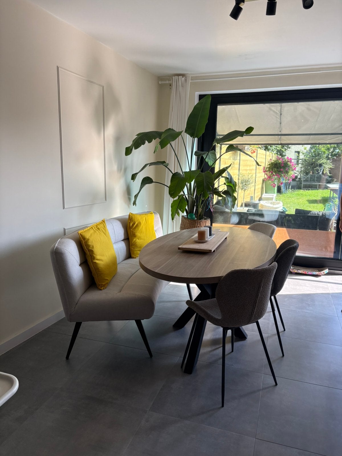 Tafel met bank en stoelen (6), Ophalen, Eikenhout, 50 tot 100 cm, Zo goed als nieuw
