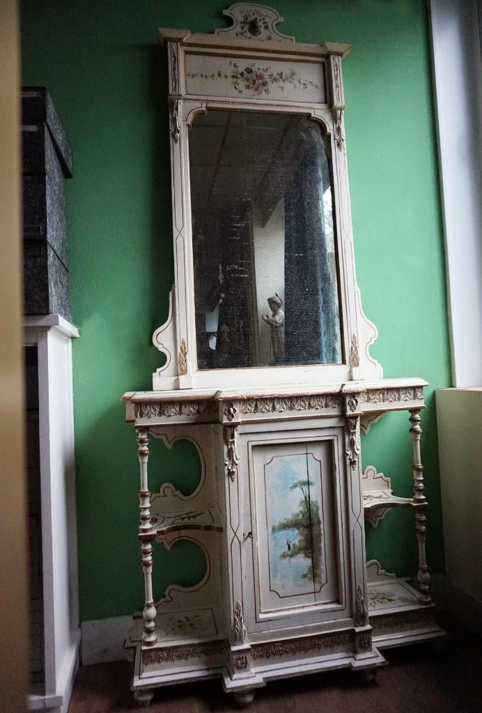 Oude houten beschilderde console tafel met spiegel, Ophalen