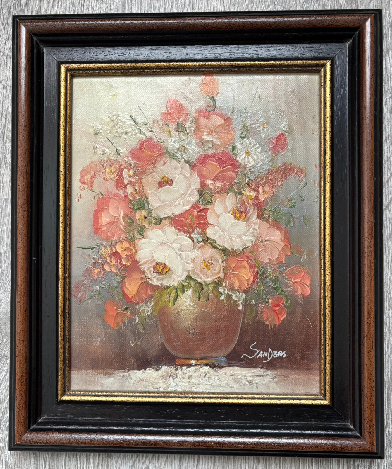 Vintage olieverfschilderij bloemen –  Sanders – 28 x 34 cm, Antiek en Kunst, Doek, Gesigneerd, Olieverf, Vintage