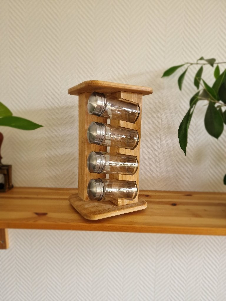 Roterend kruidenrek van bamboe met 8 potjes, Huis en Inrichting, Keuken | Keukenbenodigdheden, Glas, Ophalen of Verzenden, Zo goed als nieuw