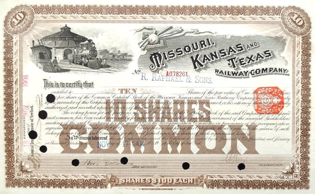 Missouri,Kansas & Texas Railway Company 1904, Ophalen of Verzenden, Voor 1920, Certificaat van aandeel