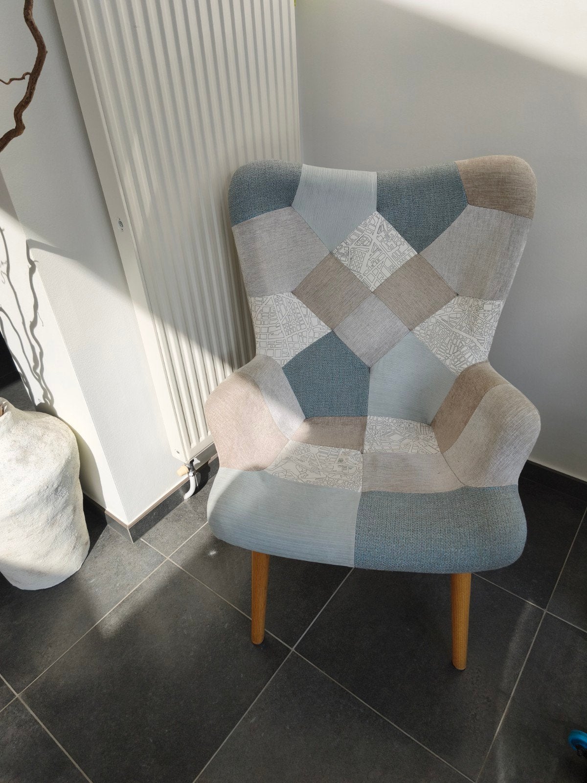 Fauteuil design patchwork (bleu, gris et beige), Enlèvement, Bleu, Bois, Une