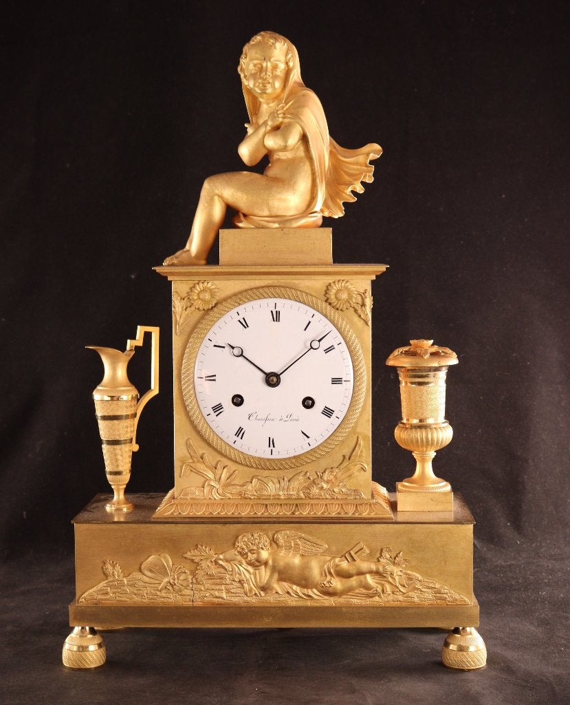 Horloge de cheminée Directoire ancienne dorée, Antiquités & Art, Enlèvement ou Envoi