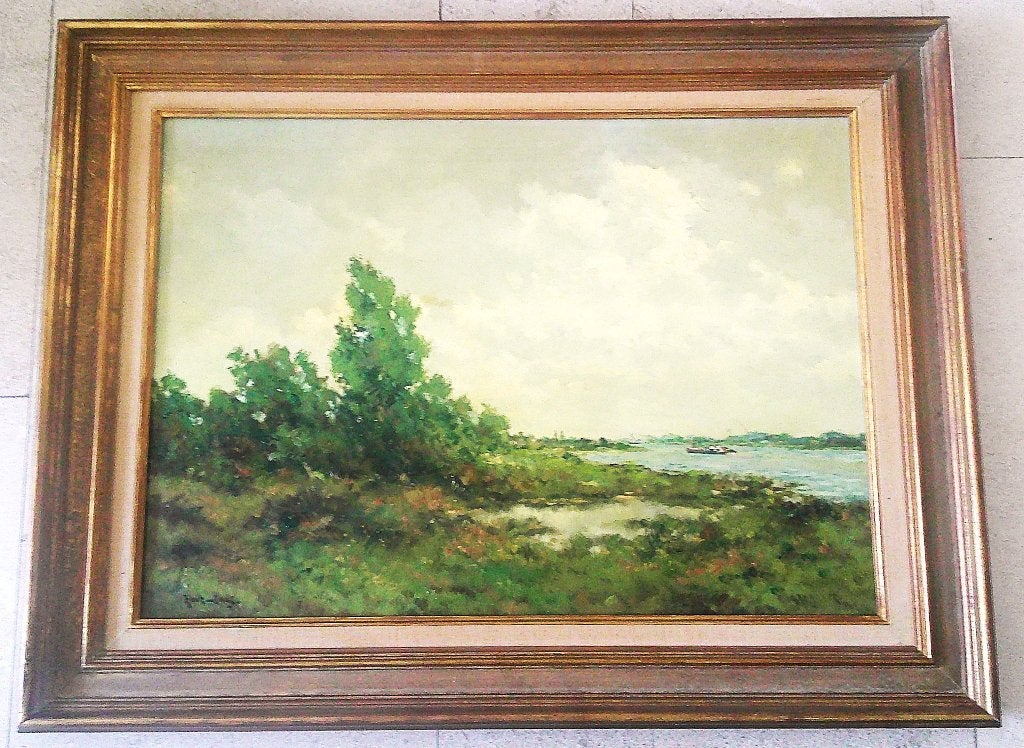 Bossages aan de rivier - Henk van den Ende 1908-1998, Doek, Impressionistisch, Ophalen of Verzenden, Landschap