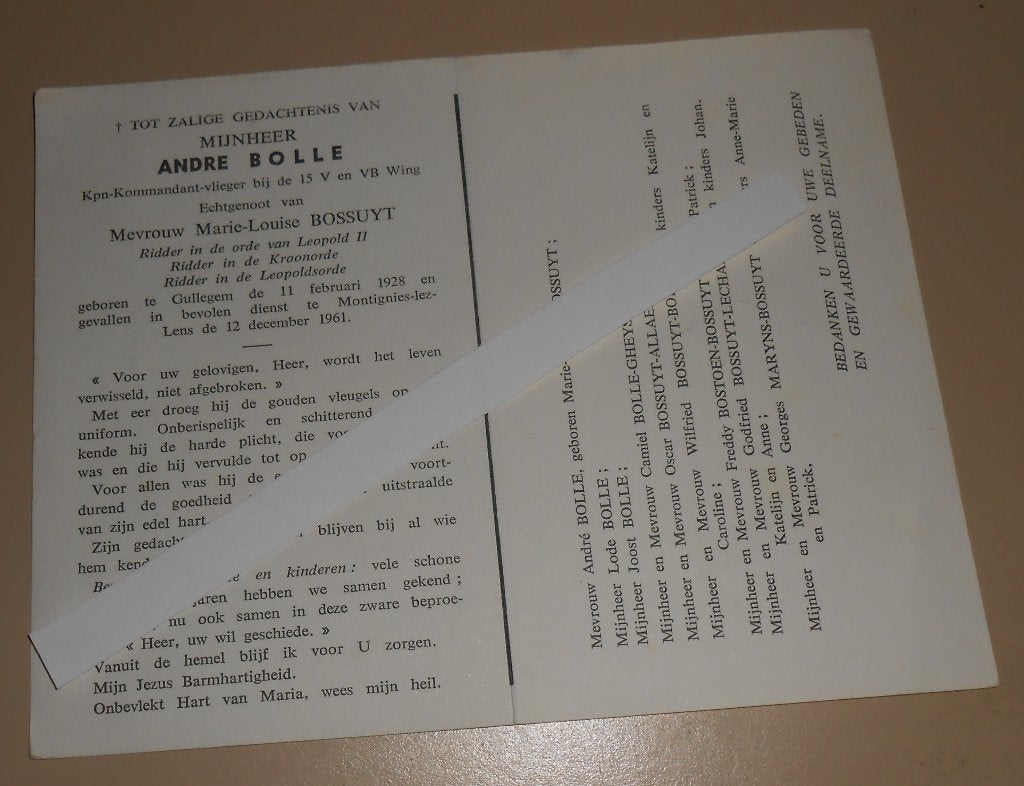 Bidprentje Belgische Piloot Andre BOLLE 12 december 1961, Verzamelen, Ophalen of Verzenden, Bidprentje
